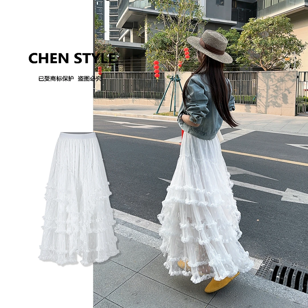 楚楚君~【月光芭蕾】Q32551早春款松紧腰仙女蕾丝花朵纱纱半身裙