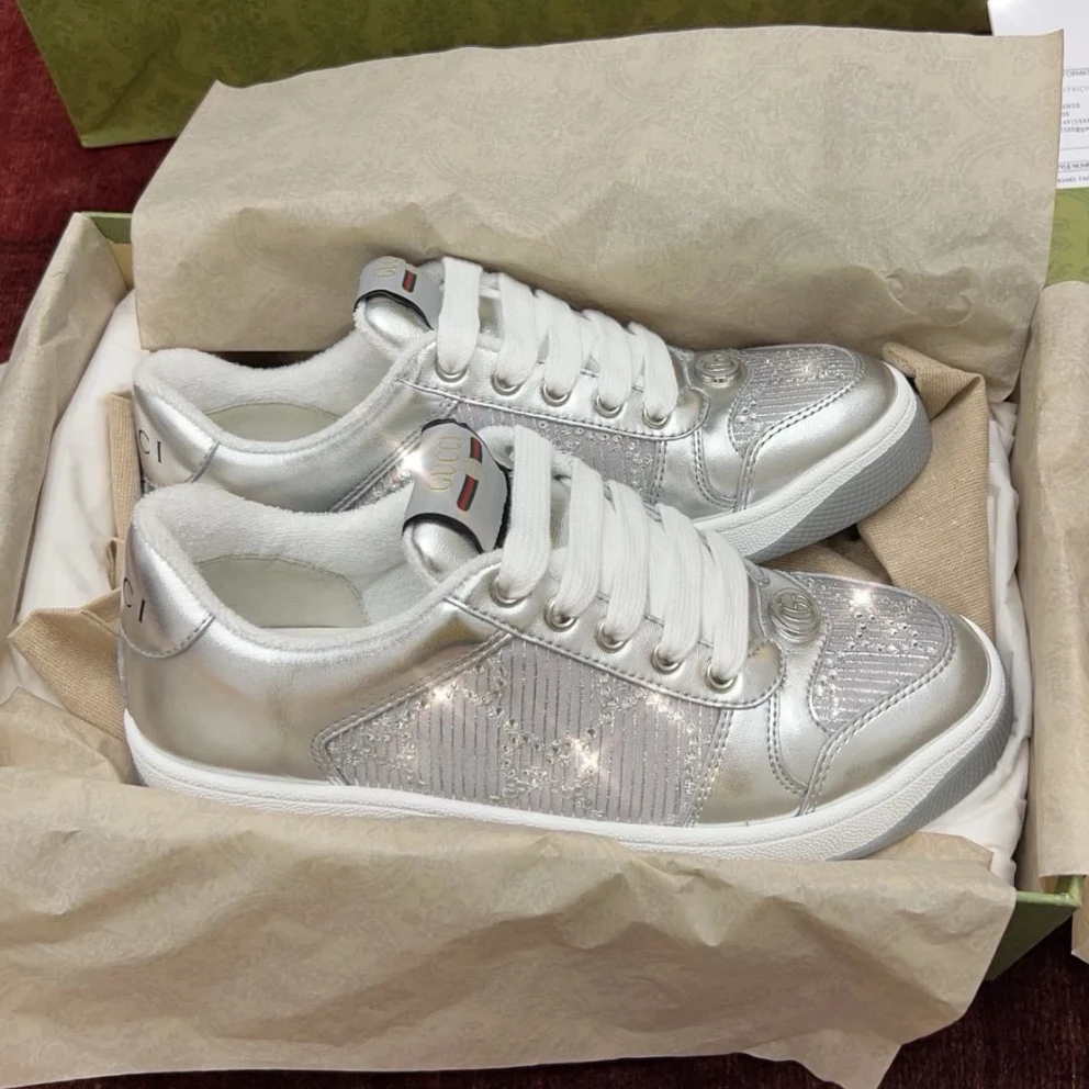 未使用 GUCCI/古驰 全新女鞋 银色老花脏脏鞋镶钻白色珐琅 多尺码