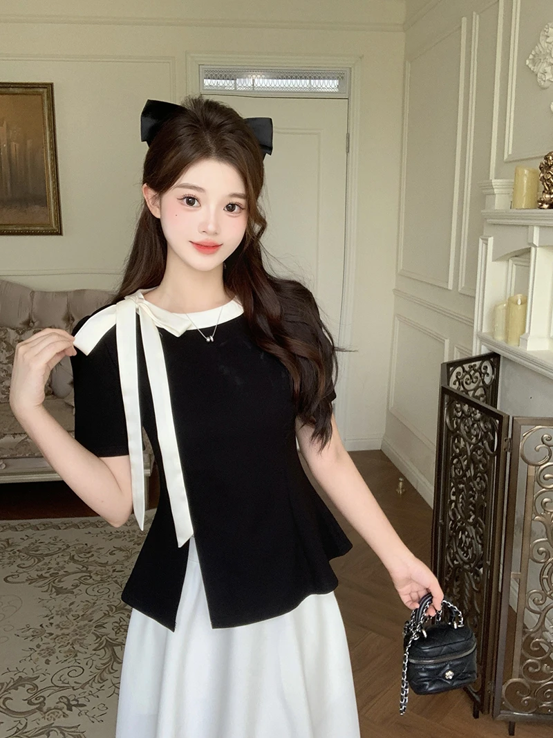 2025夏装新款胖mm大码女设计感撞色系带蝴蝶结开叉短袖T恤A1807