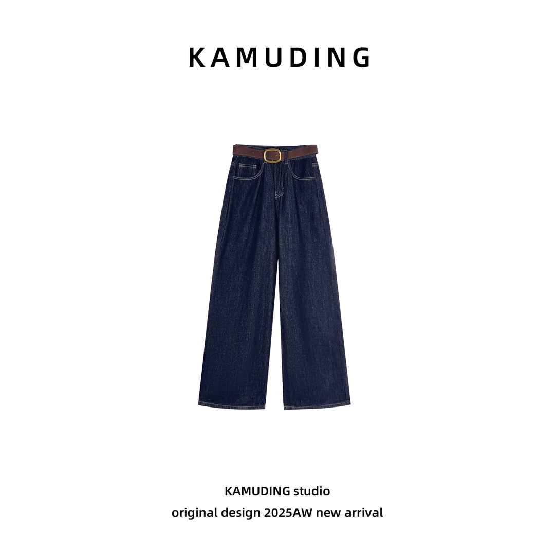 KAMUDING2025新款A10秋季复古高腰水洗百搭显瘦阔腿牛仔裤25225