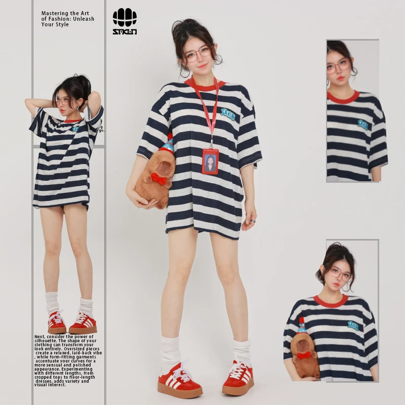 SAKUN25夏新款条纹亨利衫彩虹T恤圆领彩点纱定制面料情侣