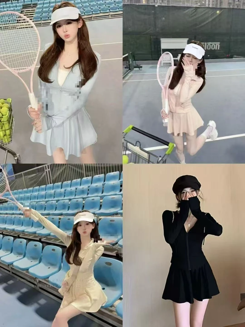 网红时尚运动休闲套装女夏防晒连帽外套短裙瑜伽服羽毛网球两件套