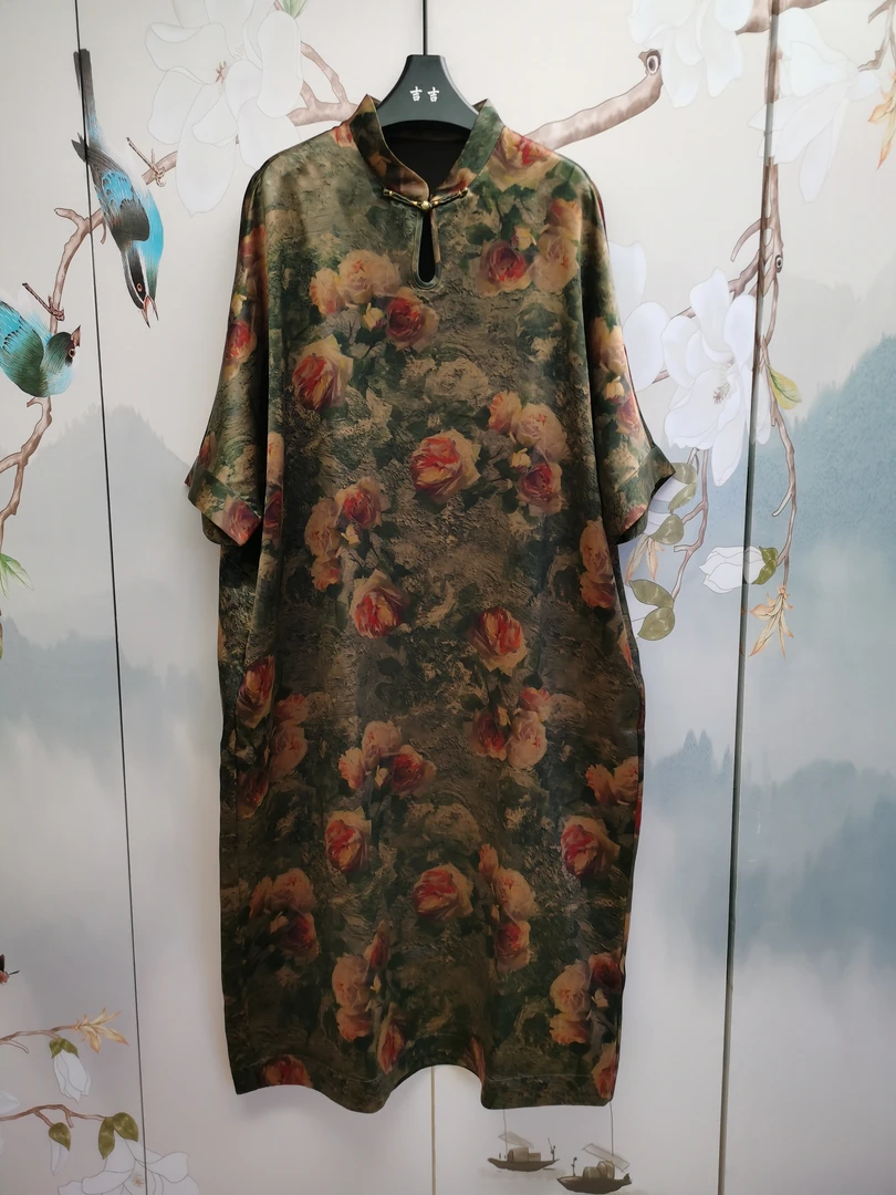 伊美香云纱思2510913桑蚕丝重缎皮子老料国风复古彩玫瑰高端袍子