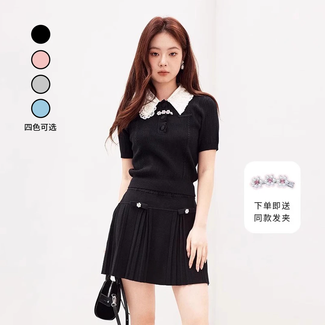 【关晓彤、minnie同款】LE FAME/拉飞姆2025年黑色立体褶领针织上衣