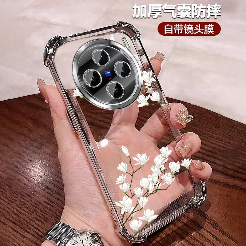适用vivox100s手机壳硅胶透明四角防摔高颜值花朵x100pro带镜头膜