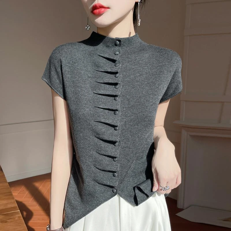 设计感精纺羊毛开衫半高领短袖女褶皱不规则气质显瘦针织T恤上衣