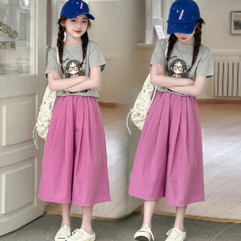 女童夏季套装2025新款洋气卡通印花短袖t恤儿童阔腿裙裤两件套潮