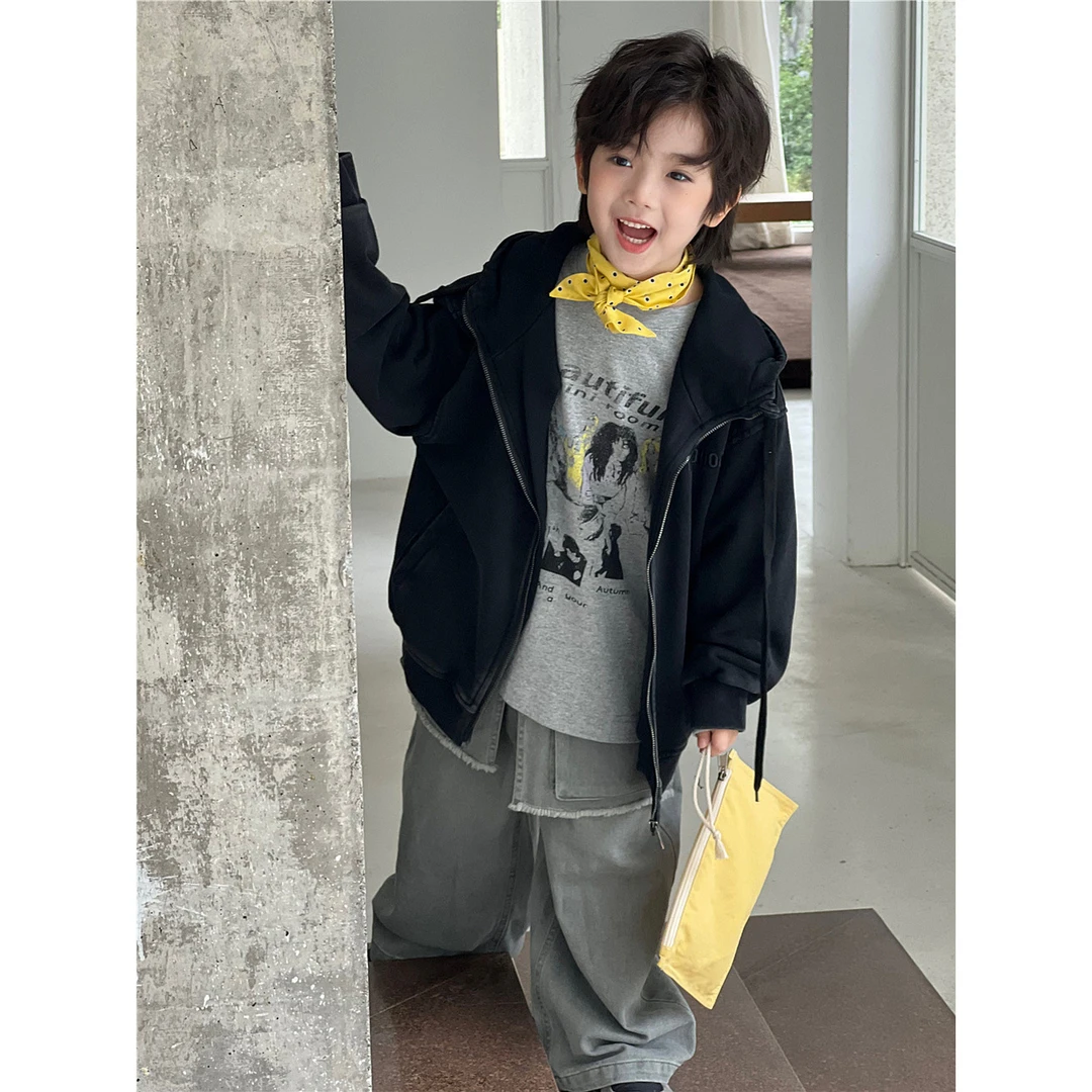 86202025秋款韩国童装潮褪色做旧刺绣连帽儿童男童柔软外套