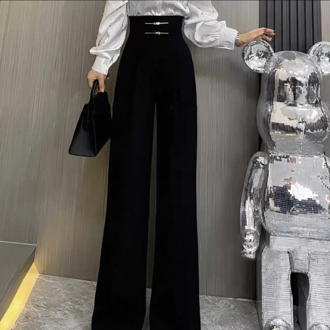 5660新款时尚气质显瘦百搭洋气设计款金属高腰垂感阔腿裤