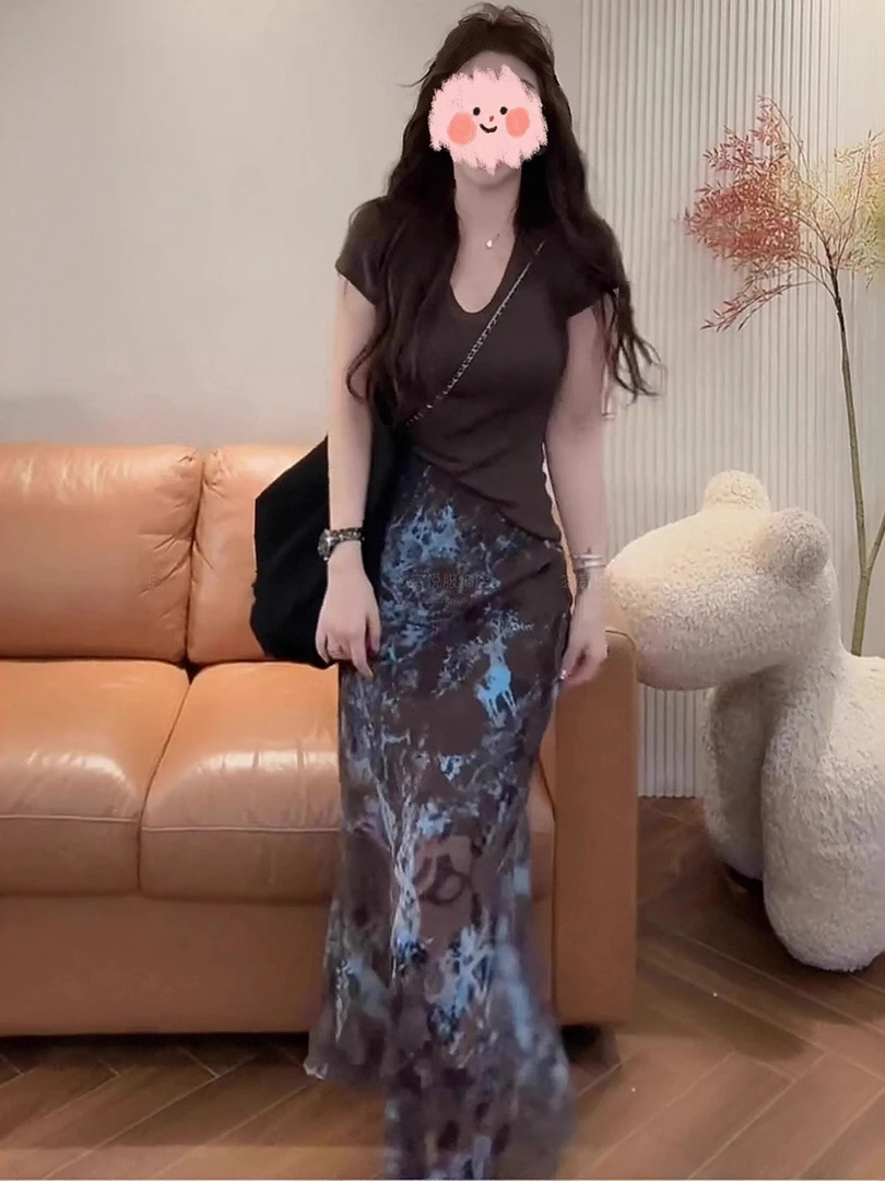 夏季穿搭一整套大码胖mm短袖T恤晕染半身裙独特好看连衣裙套装女