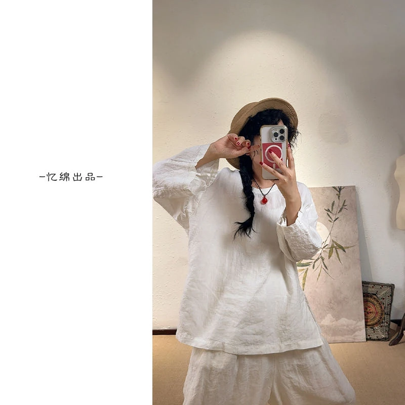 忆绵出品2625331亚麻法式老钱风针织圆领遮肉显瘦轻奢上衣