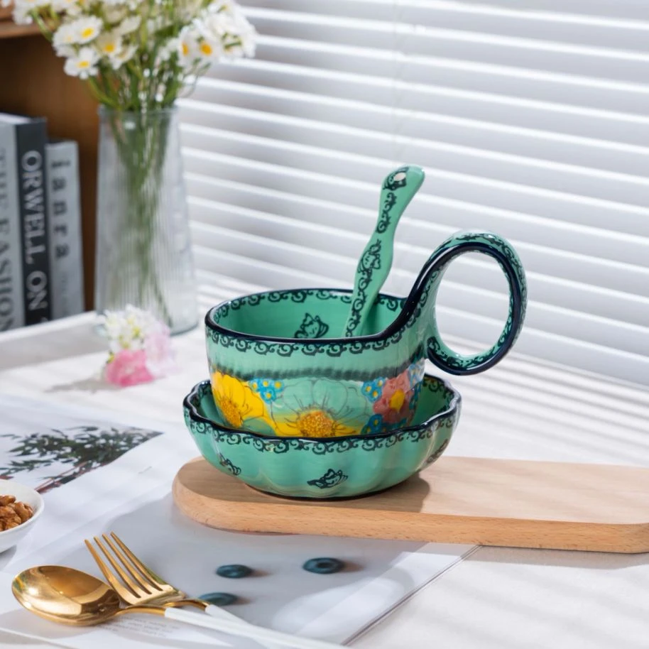 新疆包邮【碧海苍田】家用釉下彩曲把杯三件套