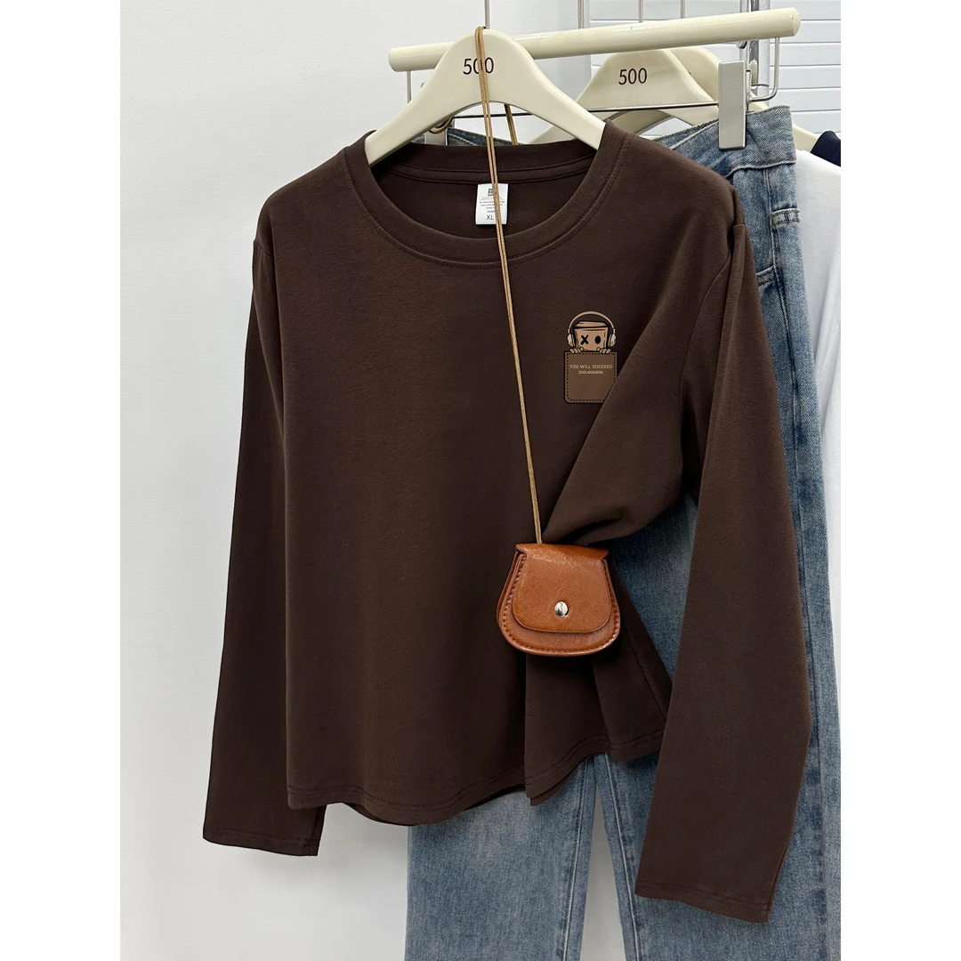 美式复古正肩长袖t恤女秋冬季大码微胖mm遮肉圆领内搭打底衫上衣