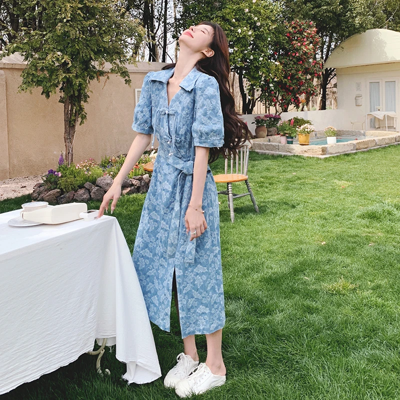 新中式国风盘扣提花连衣裙夏2025新款小个子御姐印花牛仔裙衬衫裙