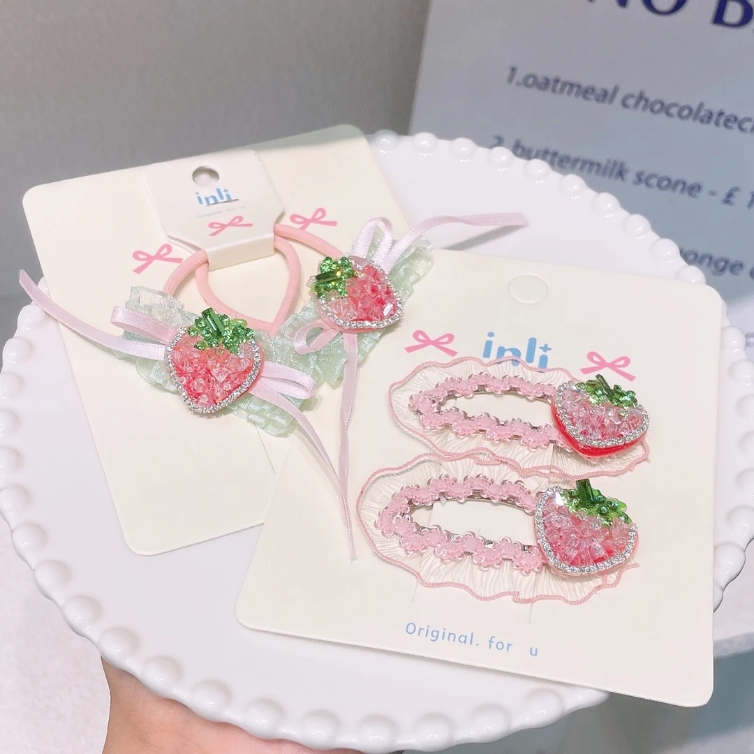 B-0175（满10米飞）jl 满钻草莓粉色头绳掰掰夹儿童发饰   发圈