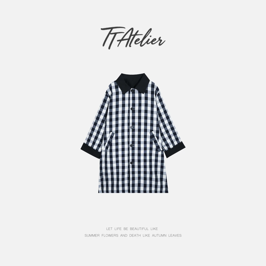 TT设计师【慢时光】日系高级感时尚格纹两面穿中长款风衣TT190732