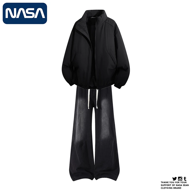 NASA美式冬季复古风休闲穿搭棉服套装男装新款水洗牛仔裤两件套潮