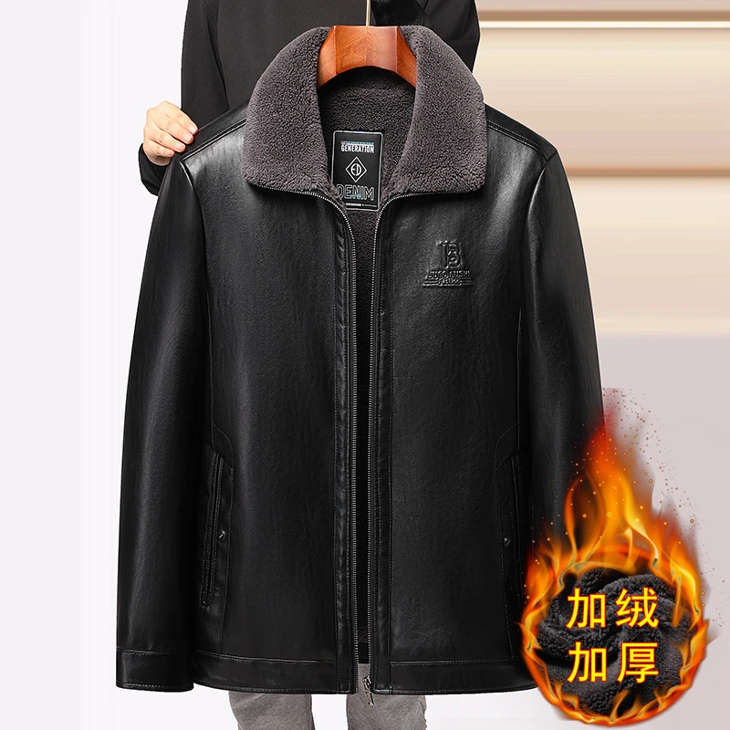 中老年男士皮衣加绒加厚爸爸冬装外套爷爷老年人冬季皮毛一体夹克