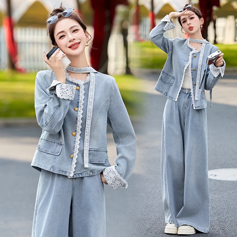牛仔外套阔腿裤套装女2025新款时尚蕾丝花边拼接高级感减龄两件套