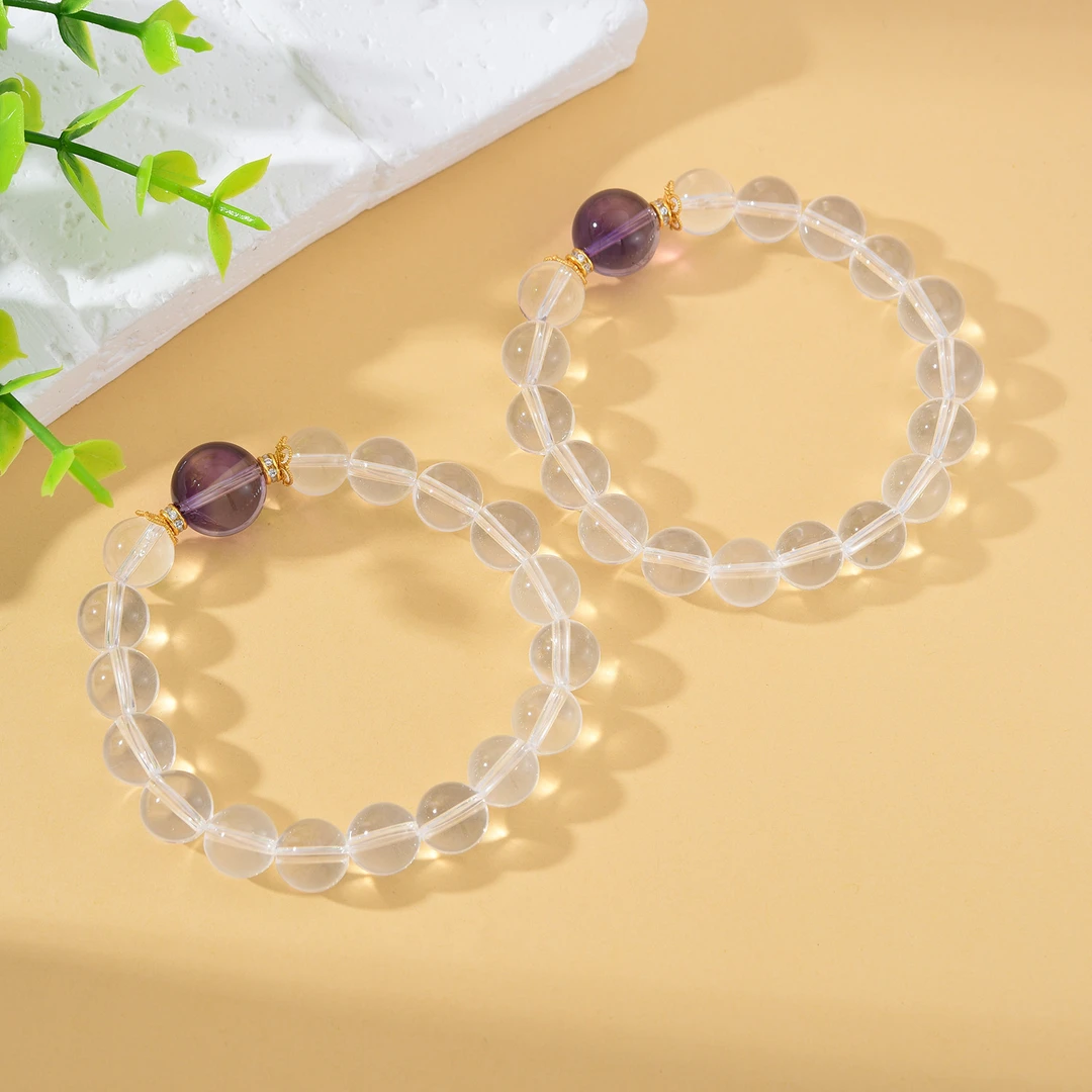 【婉葶设计】“明心莲华” 白水晶紫水晶手串（多样性发一）