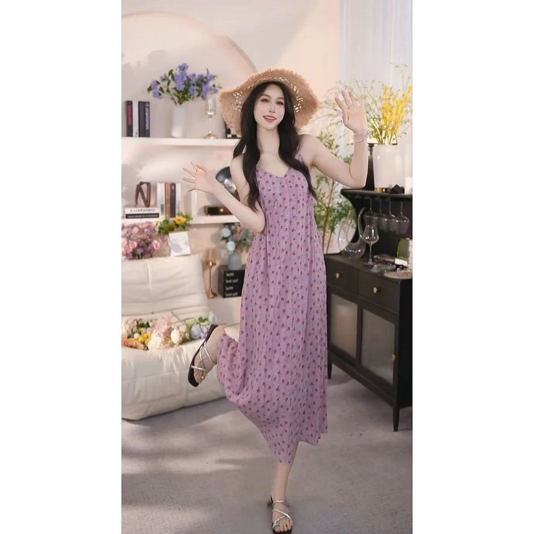 【有口袋】时尚小清新吊带连衣裙夏季显白收腰显瘦长款裙子1396