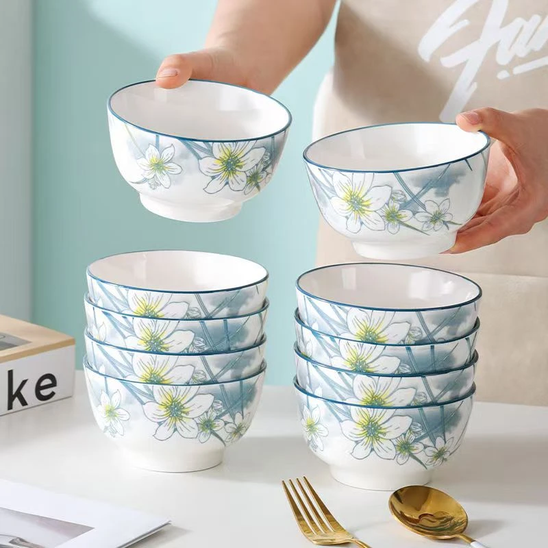 水仙花4.5英寸米饭碗10只装家用高颜值吃饭碗安全高温釉下彩加厚