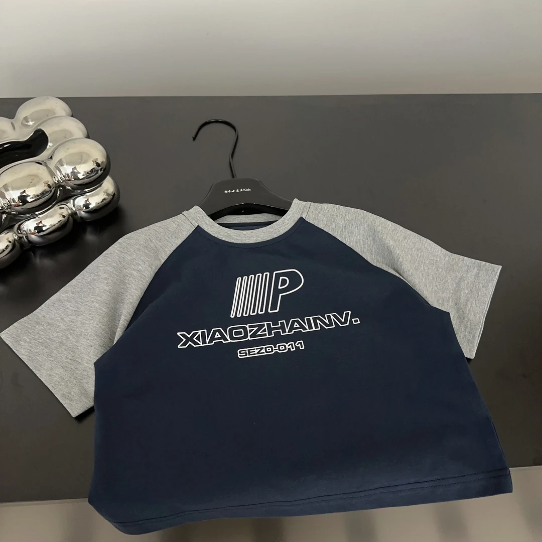 【两个小盆友】2025夏季儿童韩版宽松休闲短袖圆领印花撞色T恤3021