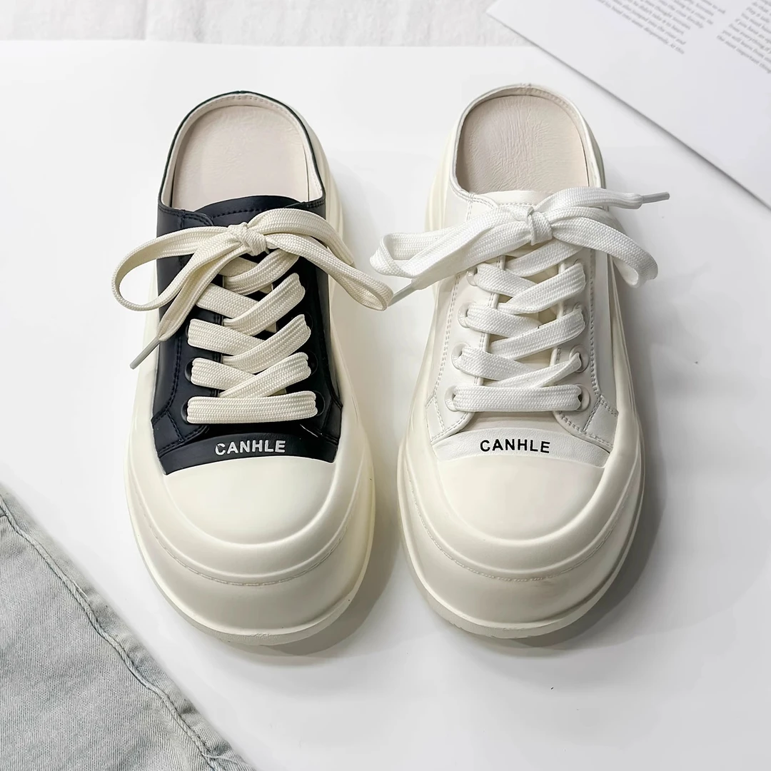 厚底真皮包头半拖鞋女时尚外穿2025夏季新款百搭小个子增高松糕鞋