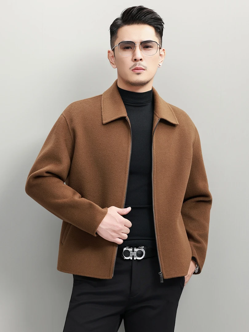 秋冬轻奢双面羊毛大衣男士短款休闲时尚翻领100%羊毛呢子外套百搭