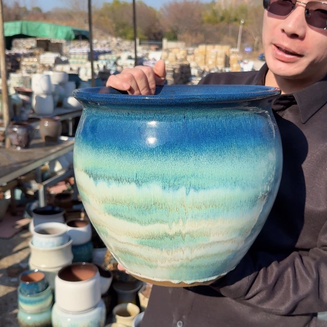 紫砂花盆口30高30（一个胖子水墨画绿