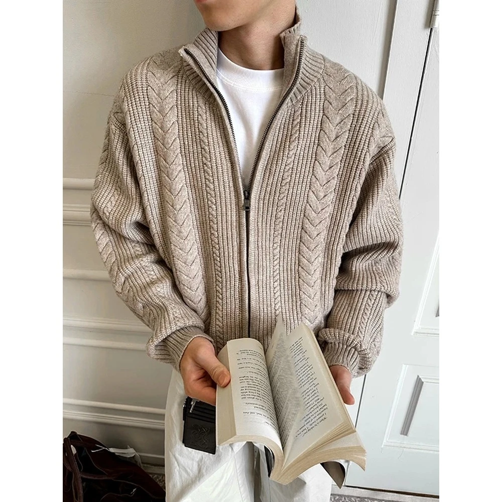 复古老钱风麦穗绞花立领针织开衫男秋季慵懒风卡其色拉链毛衣外套