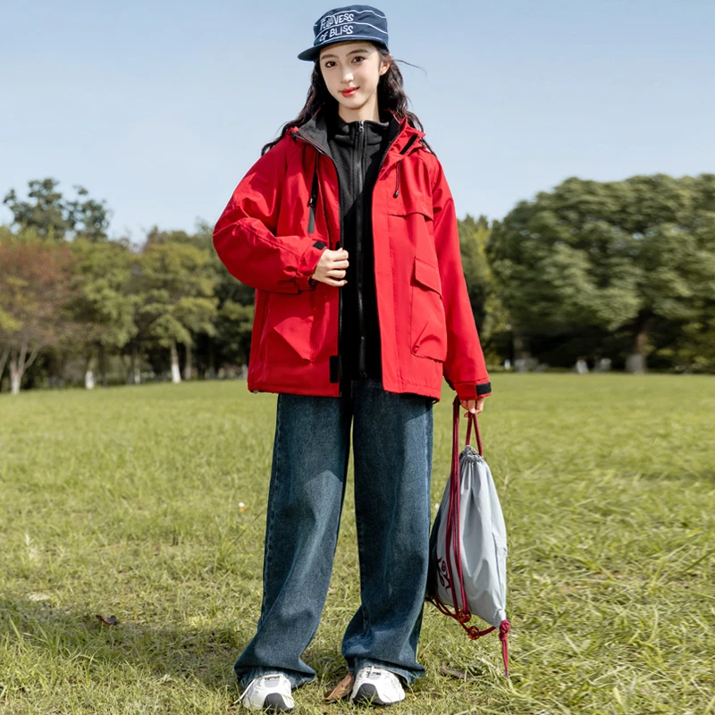 女童可拆卸冲锋衣加绒外套春秋款2025新款儿童秋装加厚上衣中大童