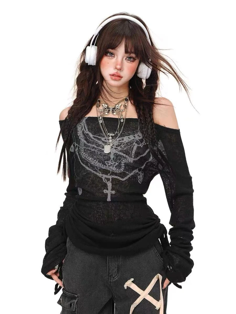 辣妹风微透网纱一字肩长袖T恤女春季设计感印花修身显瘦内搭上衣