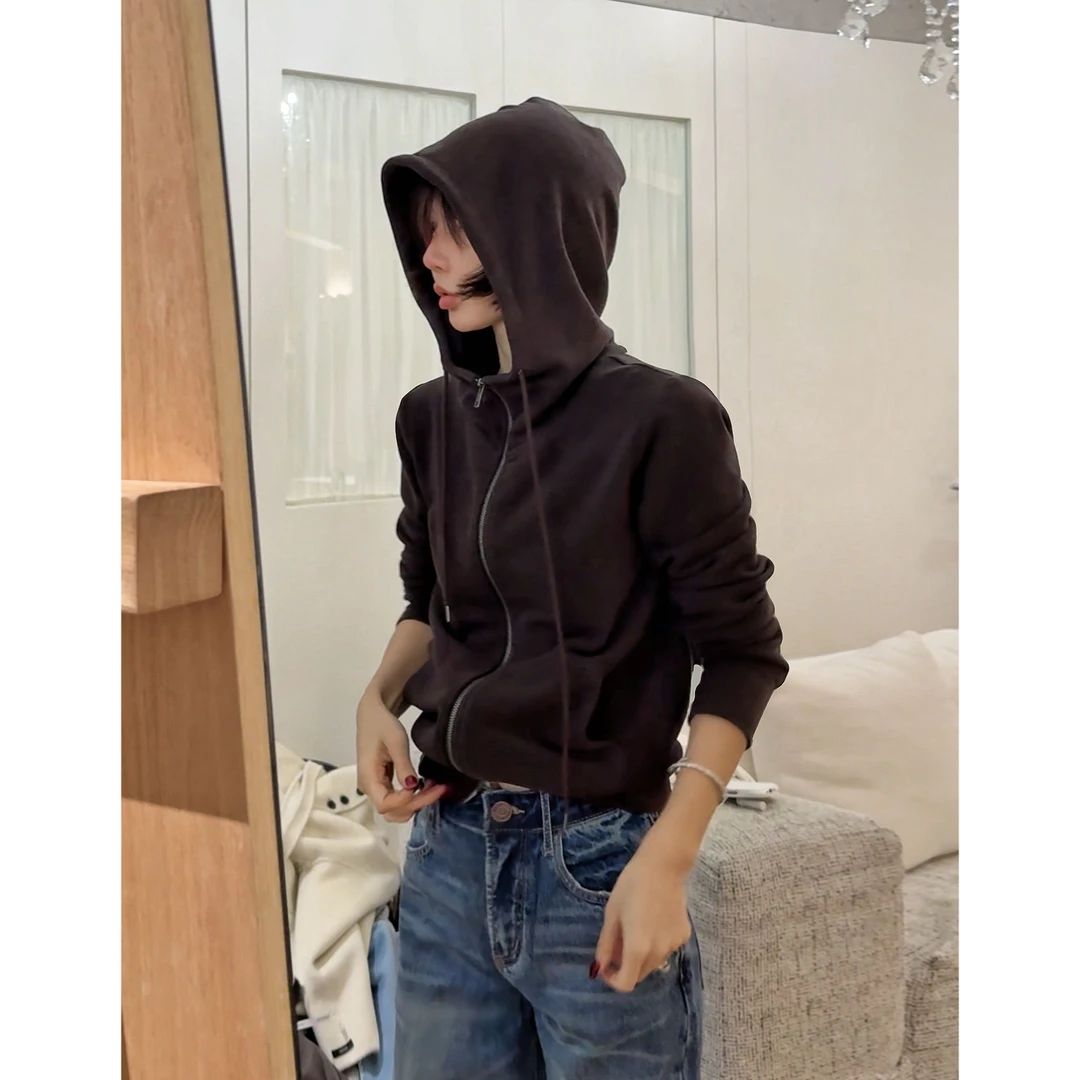 【LULU】咖色抽绳显瘦连帽桑蚕丝羊毛外套卫衣SWW13029