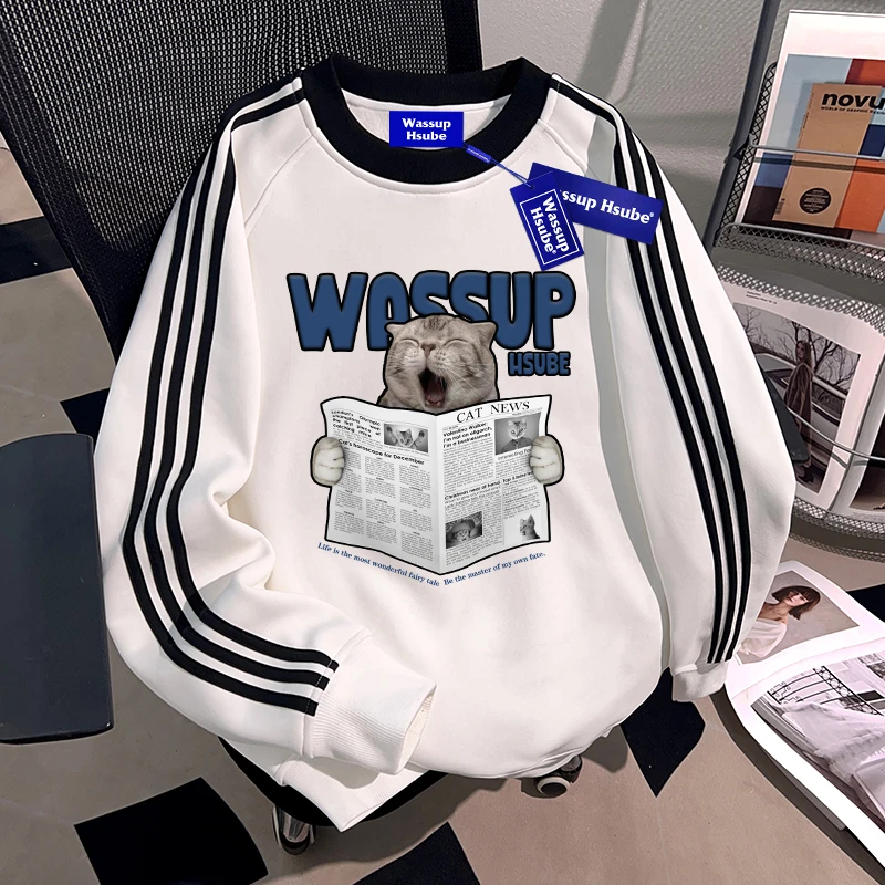 WASSUP HSUBE趣味卡通小猫情侣秋季卫衣重磅美式潮流ins慵懒上衣