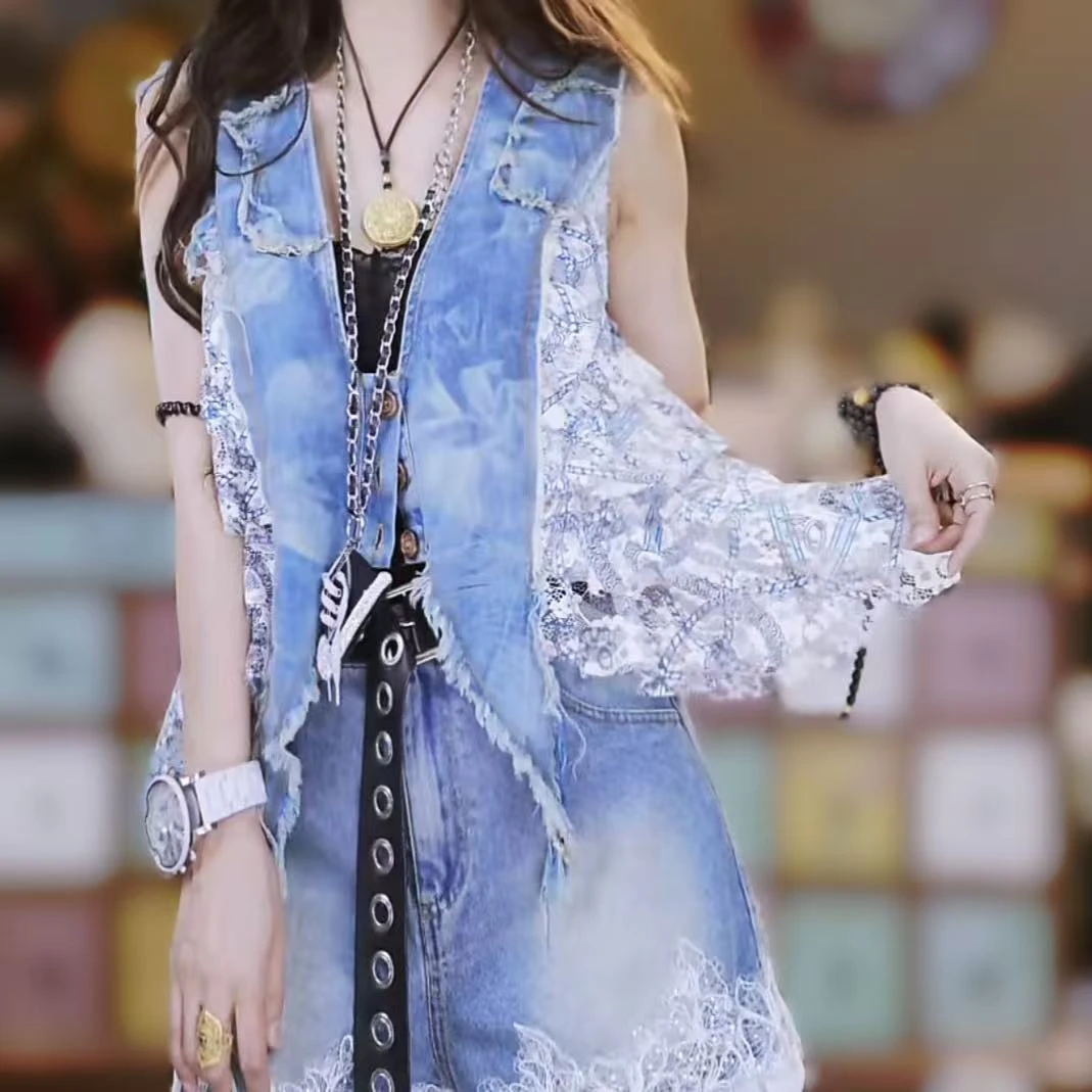 牛仔拼印花不等式牛仔马甲