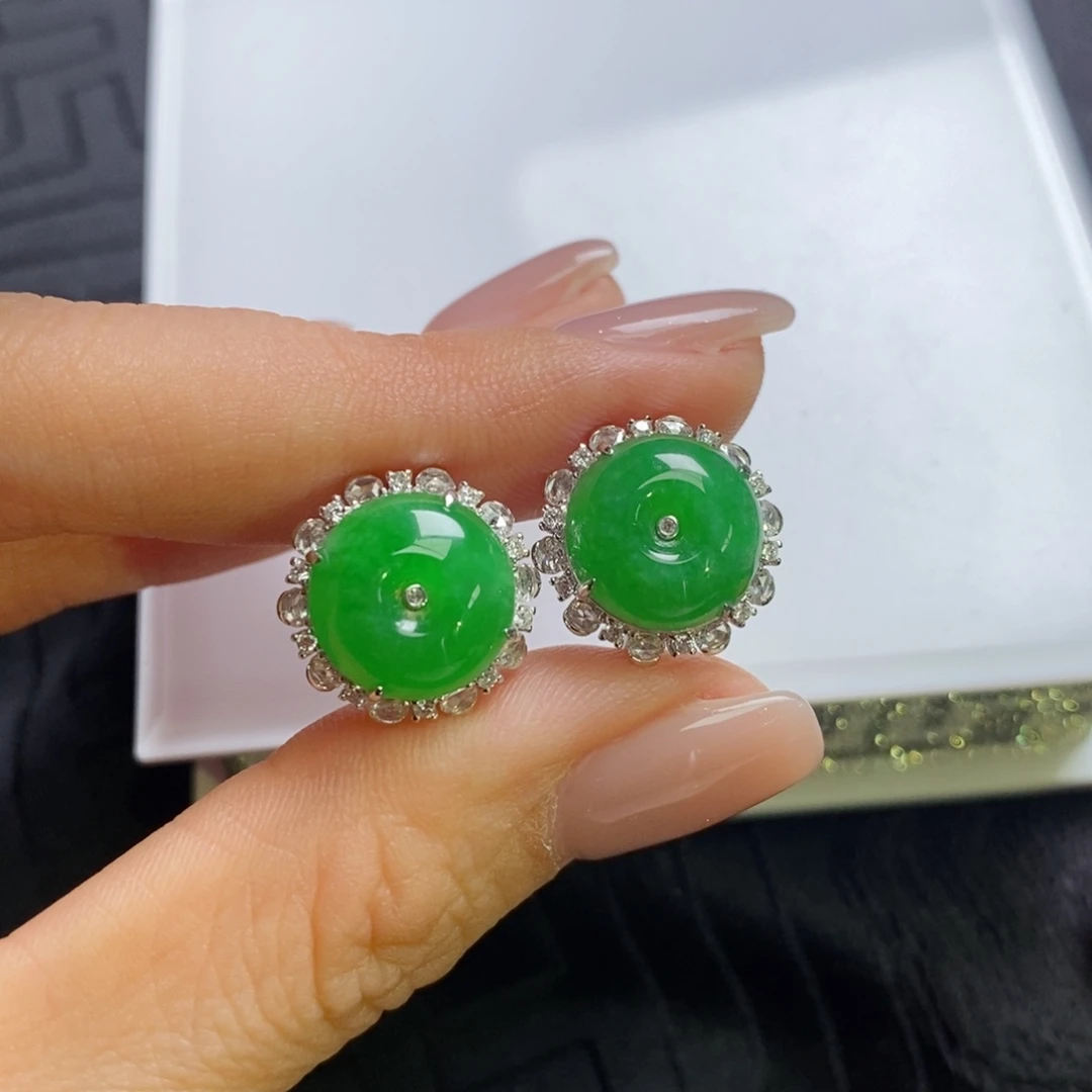 翡翠18K金镶嵌耳饰满绿扣子耳包