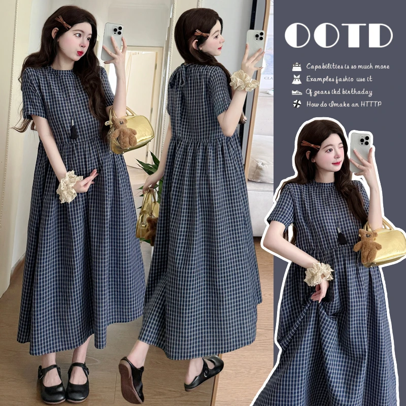 【嗒嗒】2025新款夏季孕妇连衣裙气质格子显瘦韩版大码中长款女
