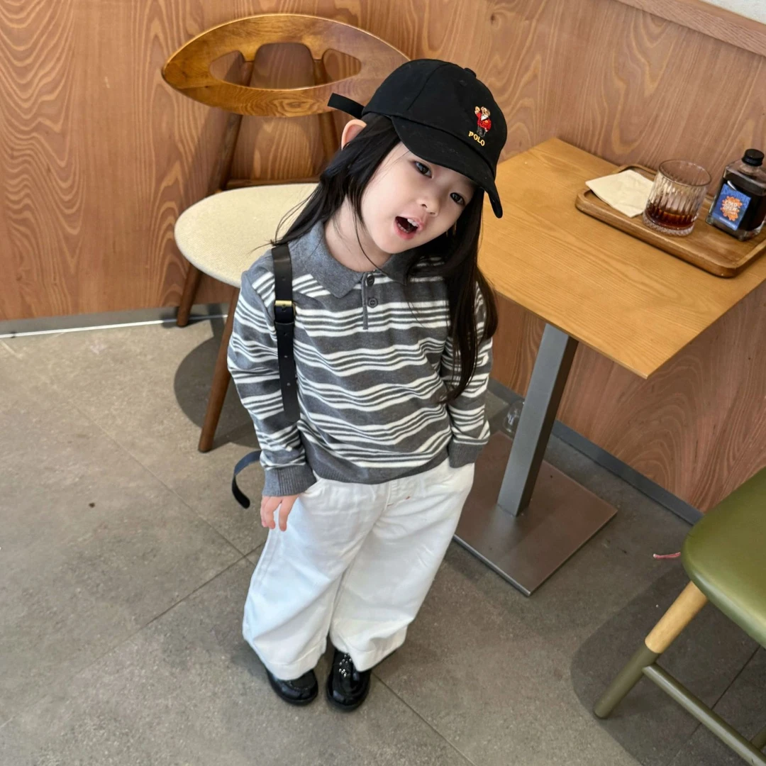 壹妈时尚童装儿童套装2025秋季新款洋气男女宝休闲长袖条纹polo衫