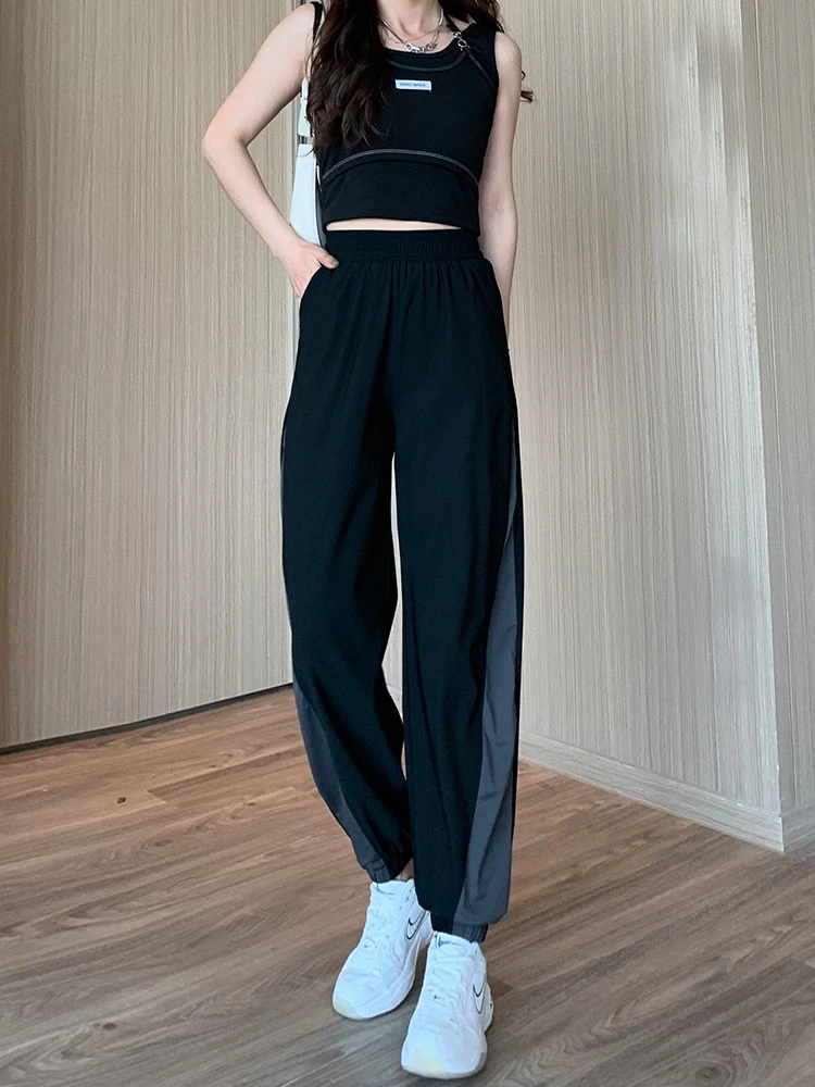 大码冰丝束脚运动裤女胖mm夏季薄款宽松跑步速干撞色拼接裤