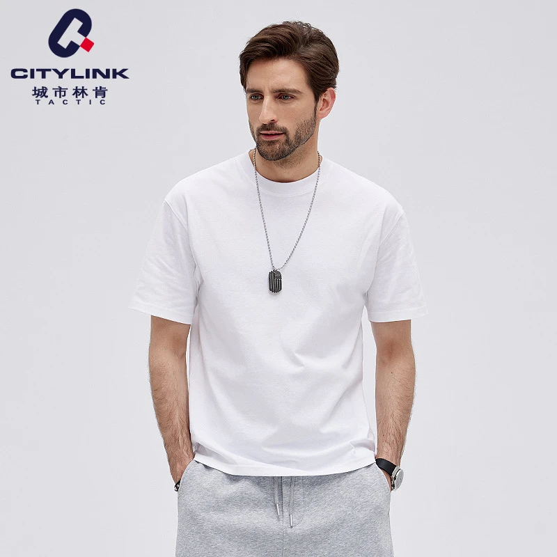 城市林肯 2025夏季230g简约基础百搭纯棉大白色圆领男士短袖t恤