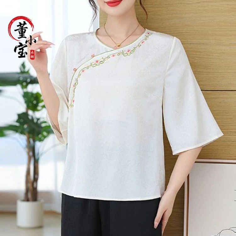 【雨落春柳】2025夏季新中式圆领短袖国风休闲国风新中式T恤上衣