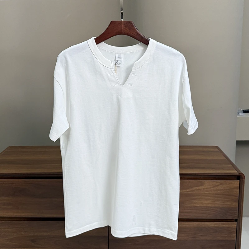 2025夏季新款宽松亨利V领T恤百搭极简风净版纯棉男士休闲短袖2707
