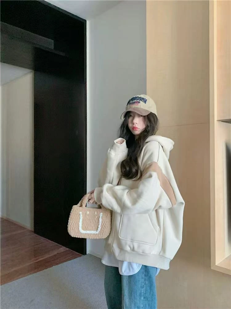 922秋冬新款韩系简约慵懒风小众拼接宽松休闲百搭连帽卫衣外套
