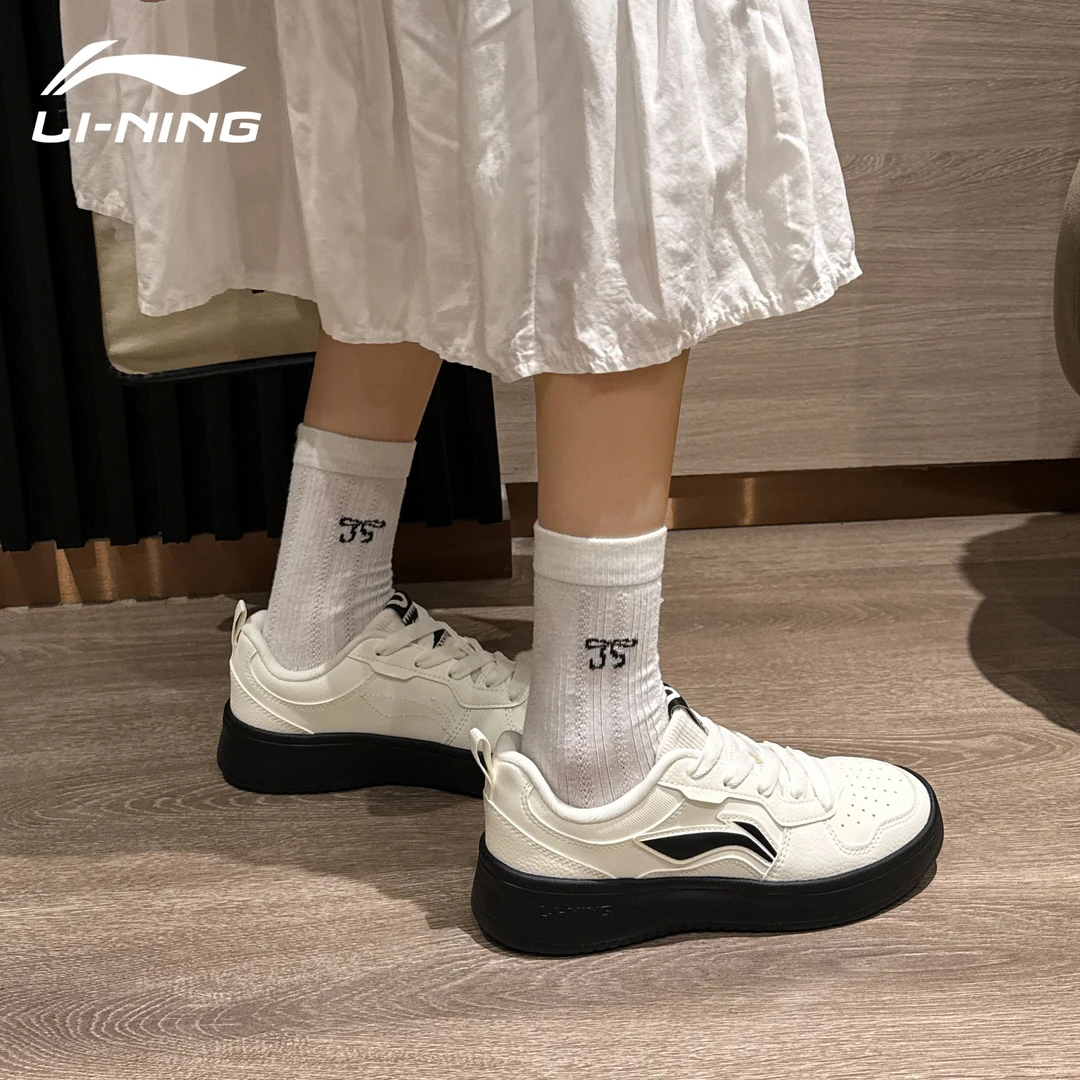 李宁初云板鞋女鞋秋季新款黑白休闲鞋轻便软底厚底增高运动小白鞋