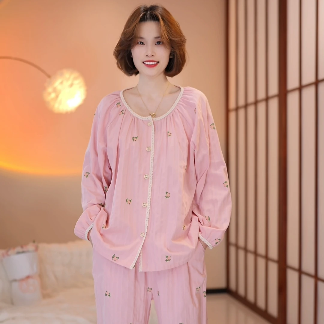 芙蓉世家【春景】新品高端提花全棉100舒适家居服套装可外穿