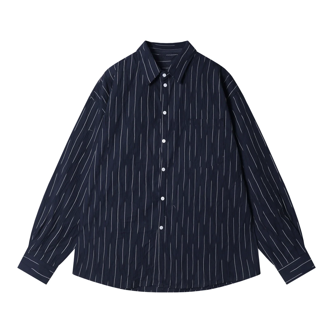 早春新款时尚个性宽松竖条纹oversize休闲小众设计感长袖衬衫