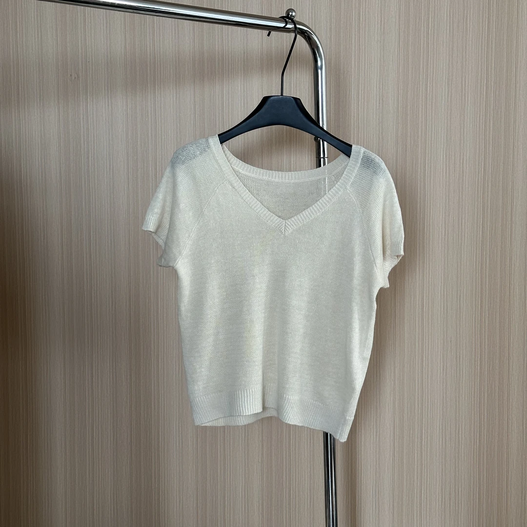 WMM亚麻针织v领短袖奶油白女士夏季新款透气宽松纯色