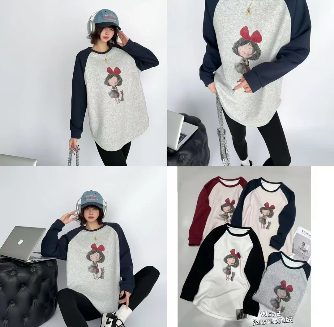 【公主屋】拼接色烫钻加绒T恤572