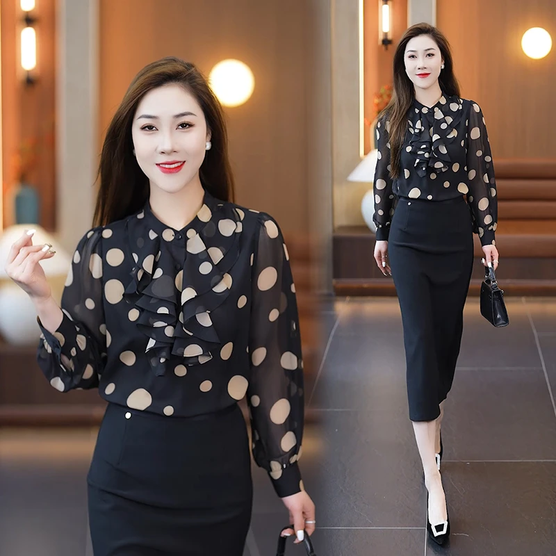 波点衬衫女装2025年新款减龄洋气质花边长袖上衣女士雪纺小衫春季